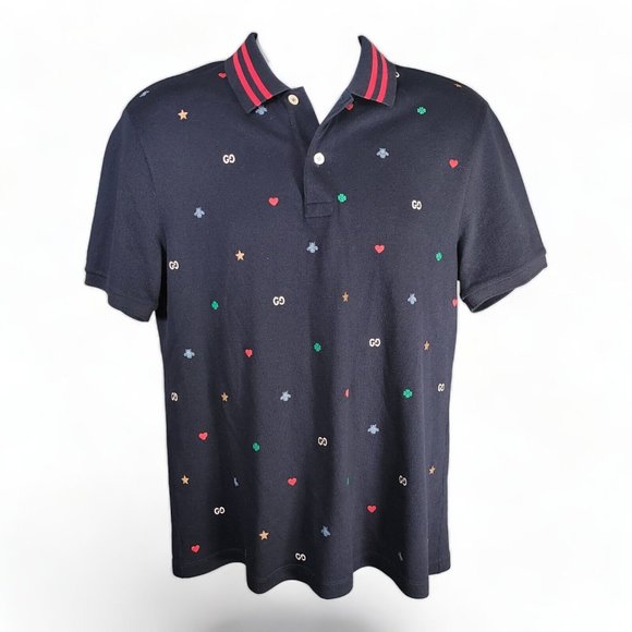Gucci Other - Gucci Polo Shirt Blue Men's Large Embroidered Logo Monogram Star Bee Heart